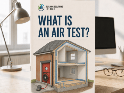 Air-test guide cover showing a blower-door fan installed in the entrance of a cutaway house