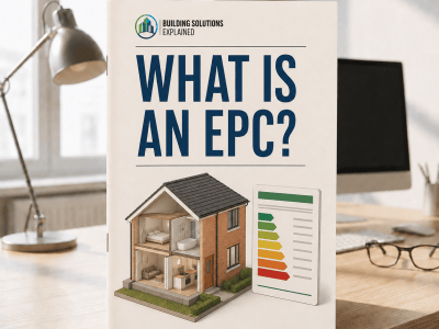 EPC guide cover showing a cutaway house beside a coloured energy-efficiency rating scale