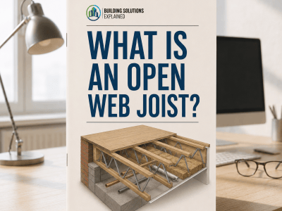 Open-web joist guide cover showing floor joists with timber chords and diagonal metal webs