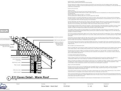 Warm roof eaves detail showing rafter insulation, wall-plate restraint, ventilation, vapour control and airtightness