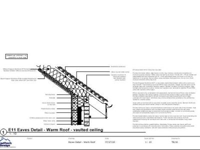 Vaulted ceiling eaves detail showing rafter insulation, service void, wall restraint, ventilation and airtightness