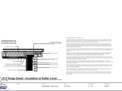 Warm roof verge detail showing rafter insulation, gable restraint, cavity closure, ventilation and vapour control