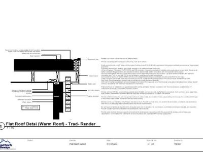 Warm flat roof detail showing waterproofing, rigid insulation, vapour control, structural falls and roof-edge treatment