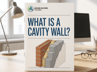 What Is a Cavity Wall? guide cover with an illustrated masonry cavity wall build-up