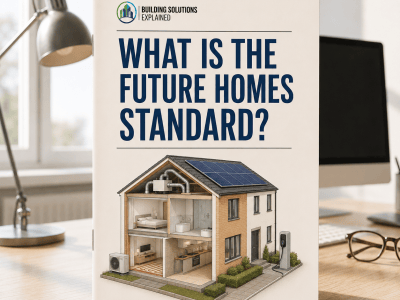 Future Homes Standard guide cover with a cutaway low-carbon home showing solar panels, a heat pump, ventilation and an EV charger