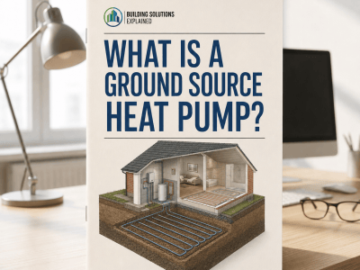 What Is a Ground-Source Heat Pump? guide cover with an illustrated ground-loop heating system