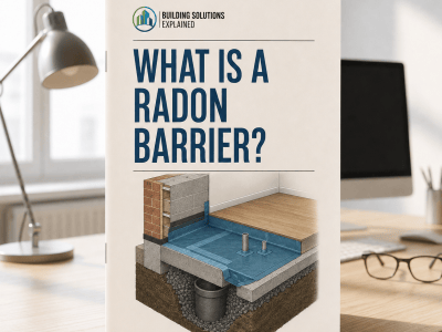 What Is a Radon Barrier? guide cover with an illustrated sealed membrane beneath a building