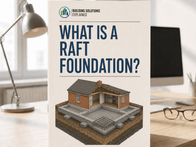 What Is a Raft Foundation? guide cover with an illustrated reinforced-concrete foundation slab