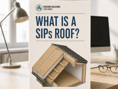 What Is a SIPs Roof? guide cover with an illustrated structural insulated roof panel build-up