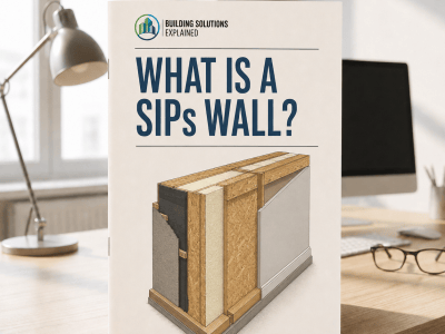 What Is a SIPs Wall? guide cover with an illustrated structural insulated wall panel build-up