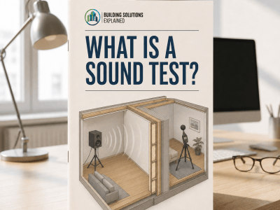 What Is a Sound Test? guide cover with an illustration of acoustic testing between adjoining homes