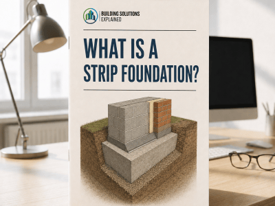 What Is a Strip Foundation? guide cover with an illustrated concrete strip beneath a cavity wall