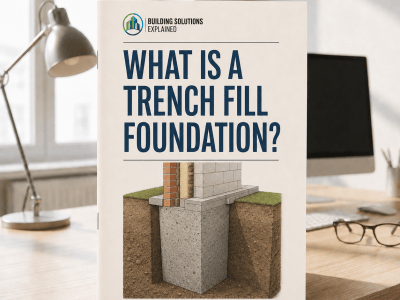 What Is a Trench-Fill Foundation? guide cover with an illustrated concrete foundation beneath a cavity wall