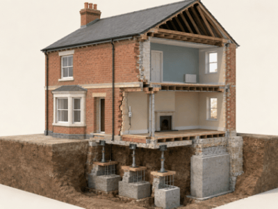 Underpinning Explained technical guide cover showing foundation strengthening methods