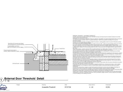 CC-02 accessible threshold detail showing landing falls, drainage, damp protection and insulation