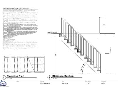 CC-03 staircase detail showing stair geometry, headroom, landings, handrails and balustrades