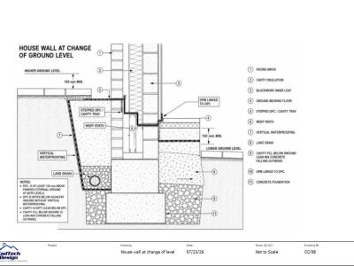CC-08 wall detail at change of ground level showing stepped DPC, cavity tray and land drain
