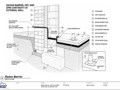 CC-09 radon barrier detail showing the sealed connection between DPC, DPM and external wall
