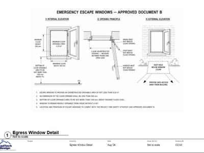 CC-10 egress window detail showing clear opening dimensions, sill height and operating requirements
