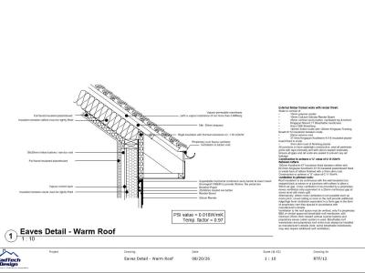 Timber frame warm roof eaves detail with insulation and gutter