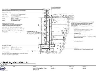 Retaining wall detail for heights up to 1.1m showing reinforced concrete, facing masonry, drainage and backfill