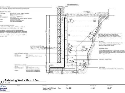 Retaining wall detail for heights up to 1.5m showing reinforced concrete, facing masonry, drainage and backfill