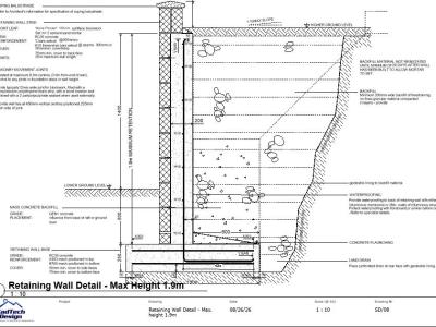 Retaining wall detail for heights up to 1.9m showing reinforced concrete, facing masonry, drainage and backfill