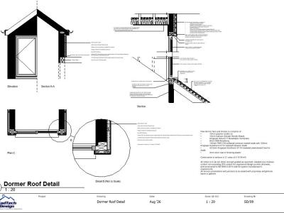 Dormer roof detail with elevation, plan and sections showing framing, insulation, ventilation and weatherproof junctions